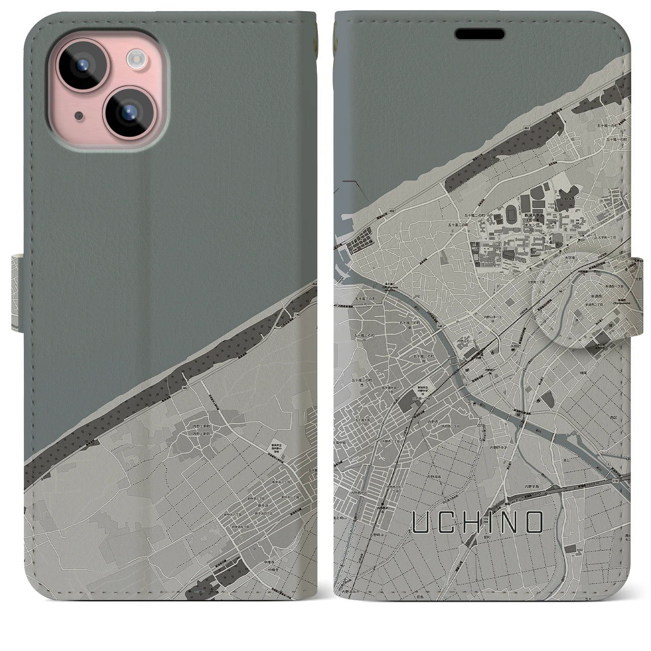 【内野(新潟県)】地図柄iPhoneケース(手帳タイプ)モノトーン・iPhone 15 Plus 用