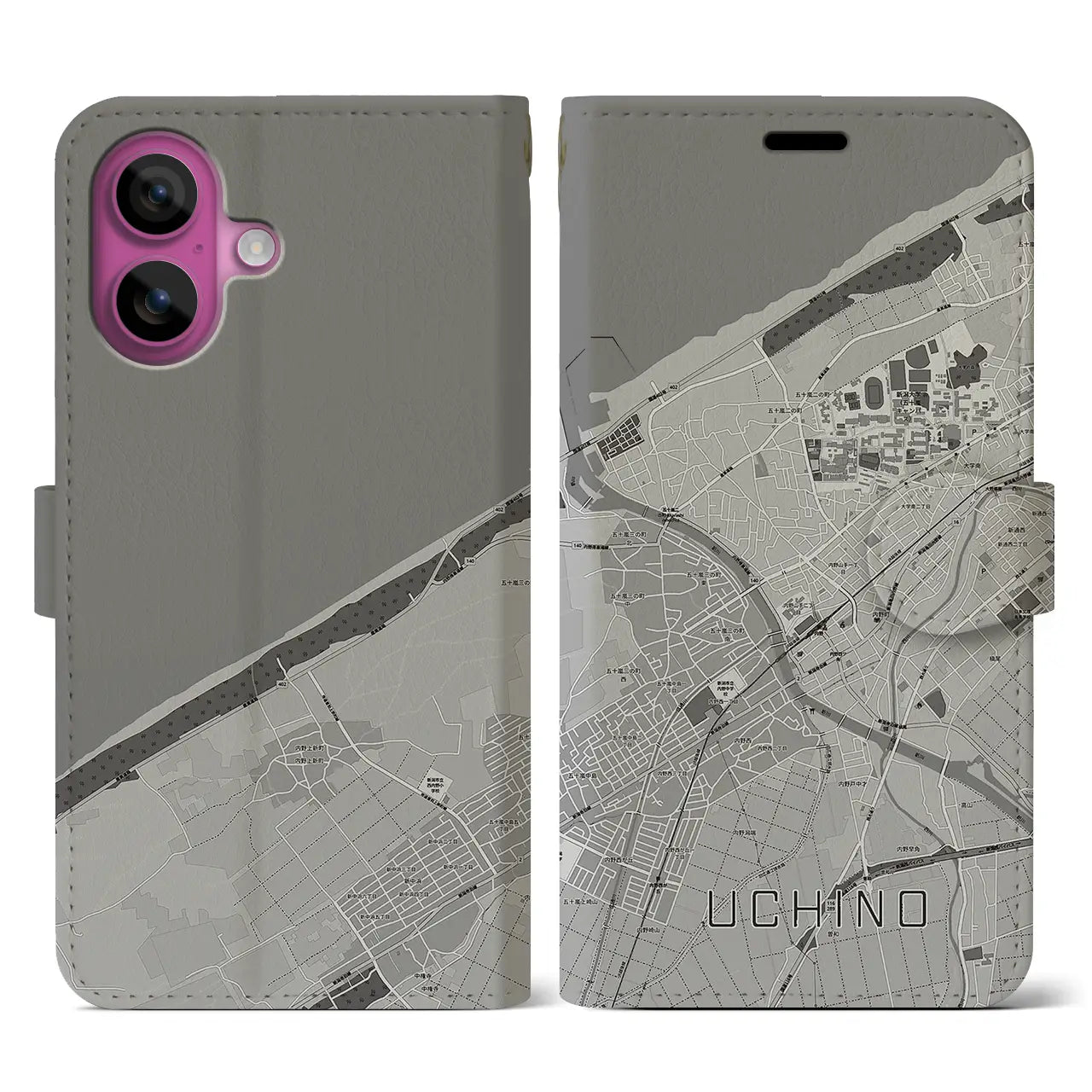 【内野(新潟県)】地図柄iPhoneケース(手帳タイプ)モノトーン・iPhone 16 Pro 用