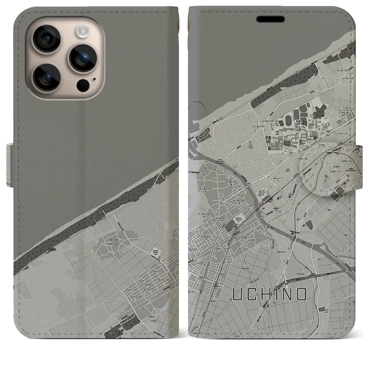 【内野(新潟県)】地図柄iPhoneケース(手帳タイプ)モノトーン・iPhone 16 Plus 用