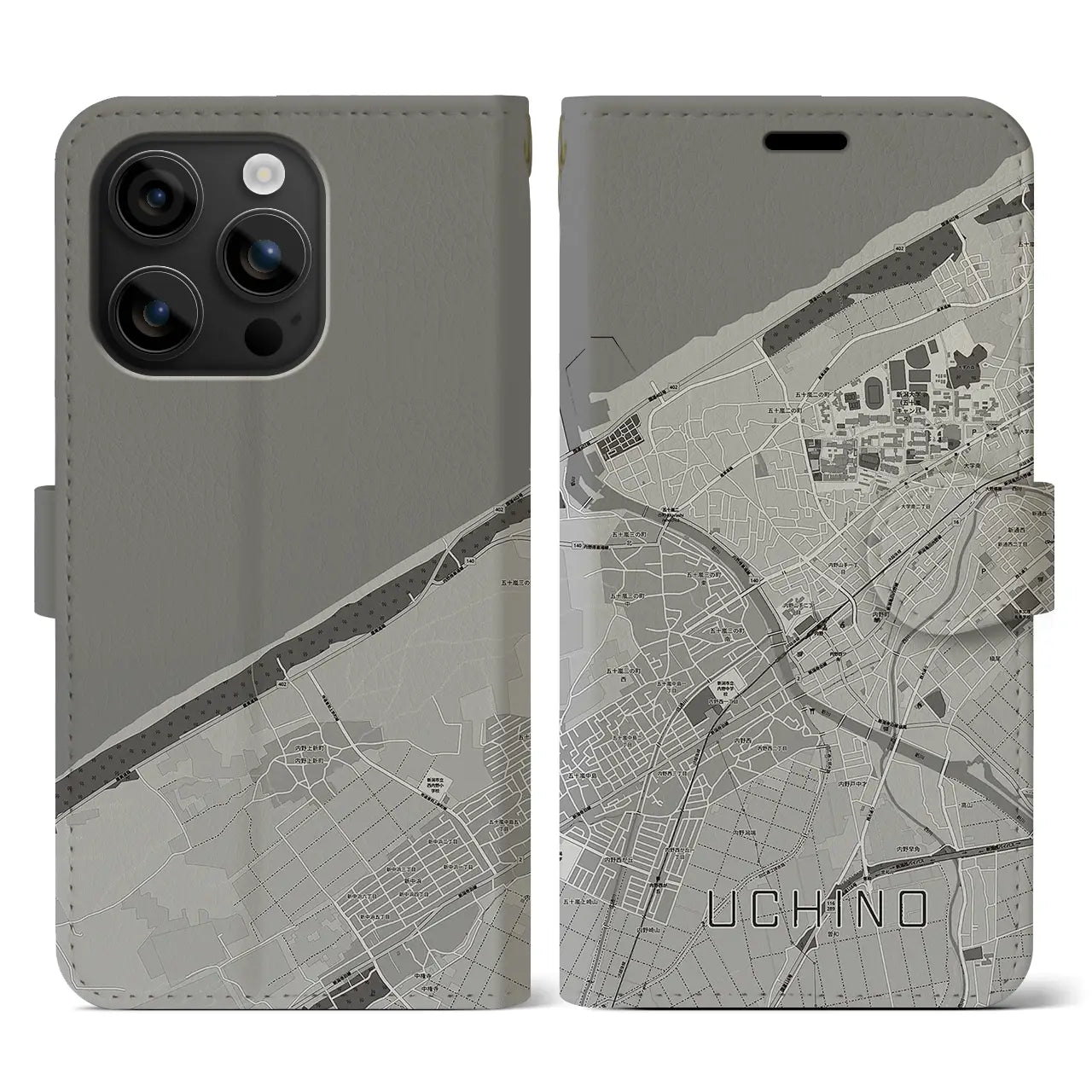 【内野(新潟県)】地図柄iPhoneケース(手帳タイプ)モノトーン・iPhone 16 用