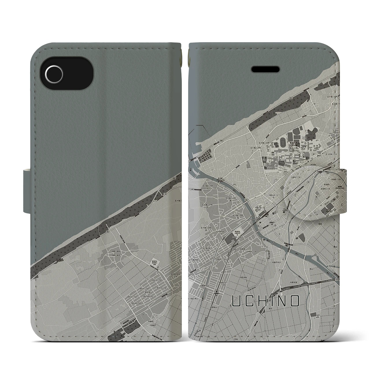 【内野(新潟県)】地図柄iPhoneケース(手帳タイプ)モノトーン・iPhone SE(第3 / 第2世代) / 8 / 7 / 6s / 6 用
