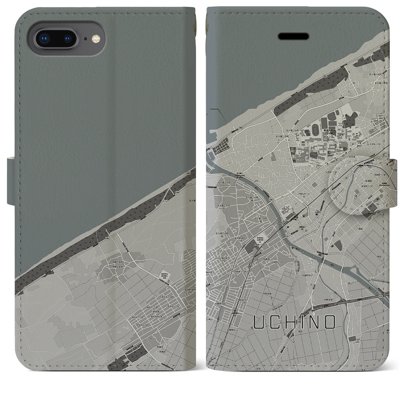 【内野(新潟県)】地図柄iPhoneケース(手帳タイプ)モノトーン・iPhone 8Plus /7Plus / 6sPlus / 6Plus 用