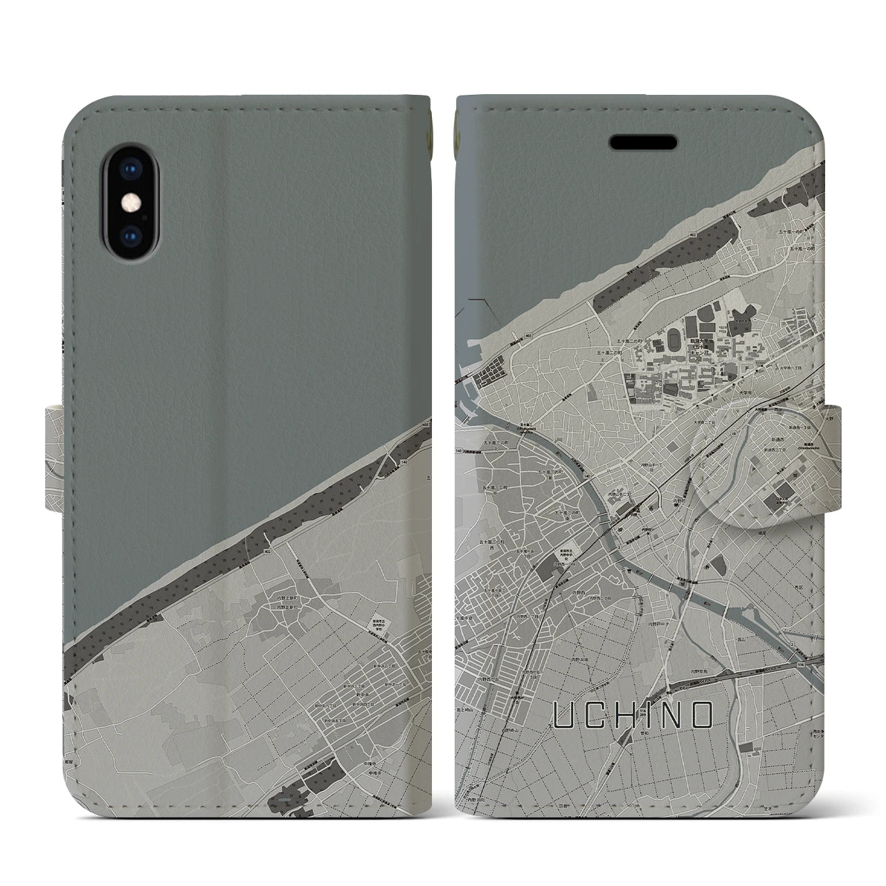 【内野(新潟県)】地図柄iPhoneケース(手帳タイプ)モノトーン・iPhone XS / X 用