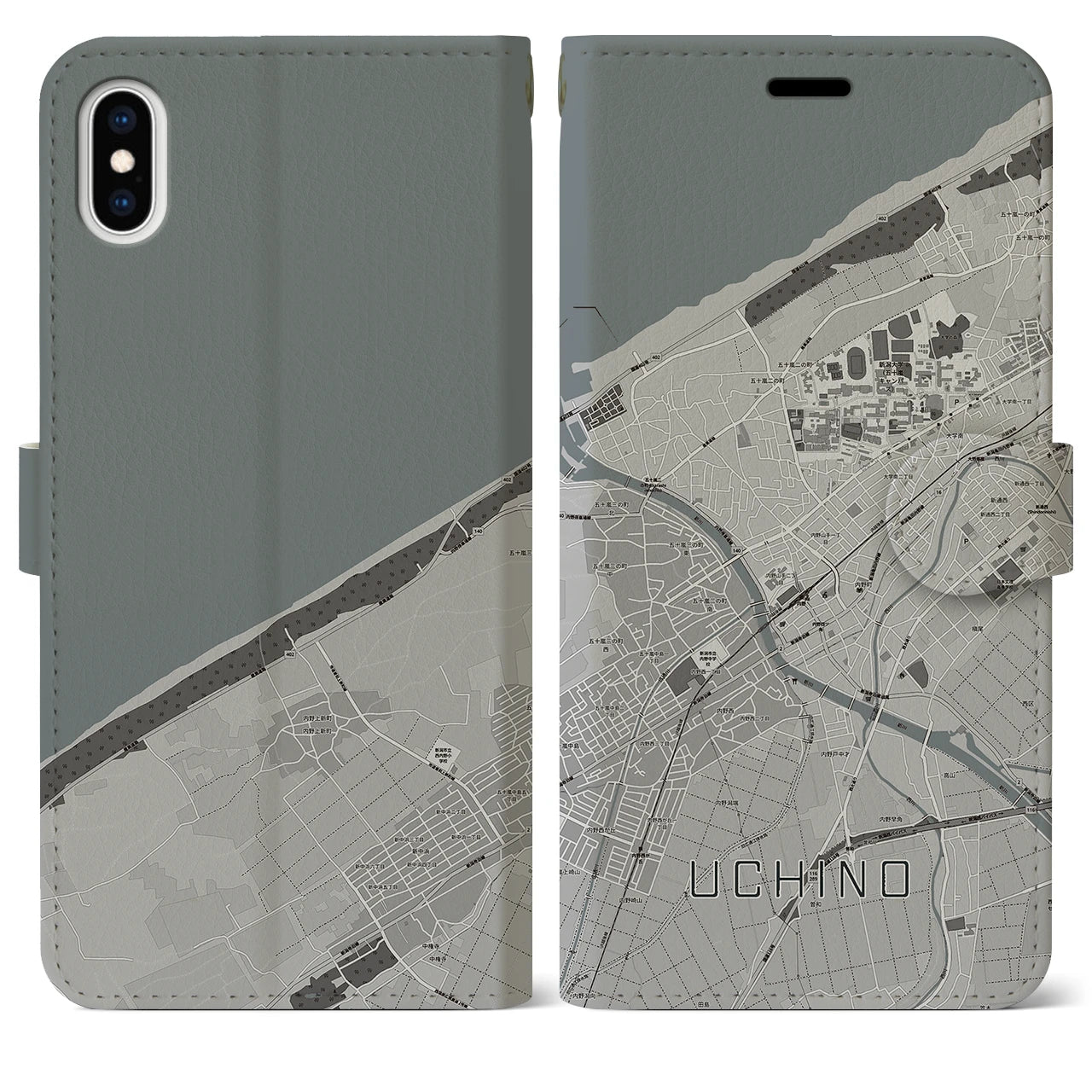 【内野(新潟県)】地図柄iPhoneケース(手帳タイプ)モノトーン・iPhone XS Max 用