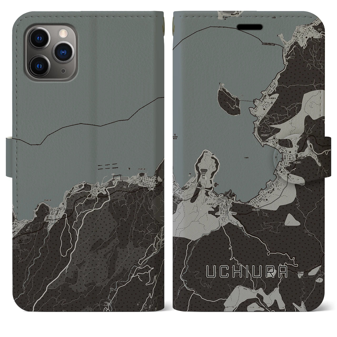 【内浦(静岡県)】地図柄iPhoneケース(手帳タイプ)モノトーン・iPhone 11 Pro Max 用