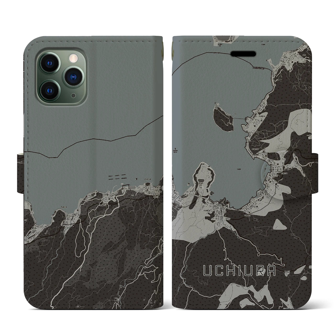 【内浦(静岡県)】地図柄iPhoneケース(手帳タイプ)モノトーン・iPhone 11 Pro 用