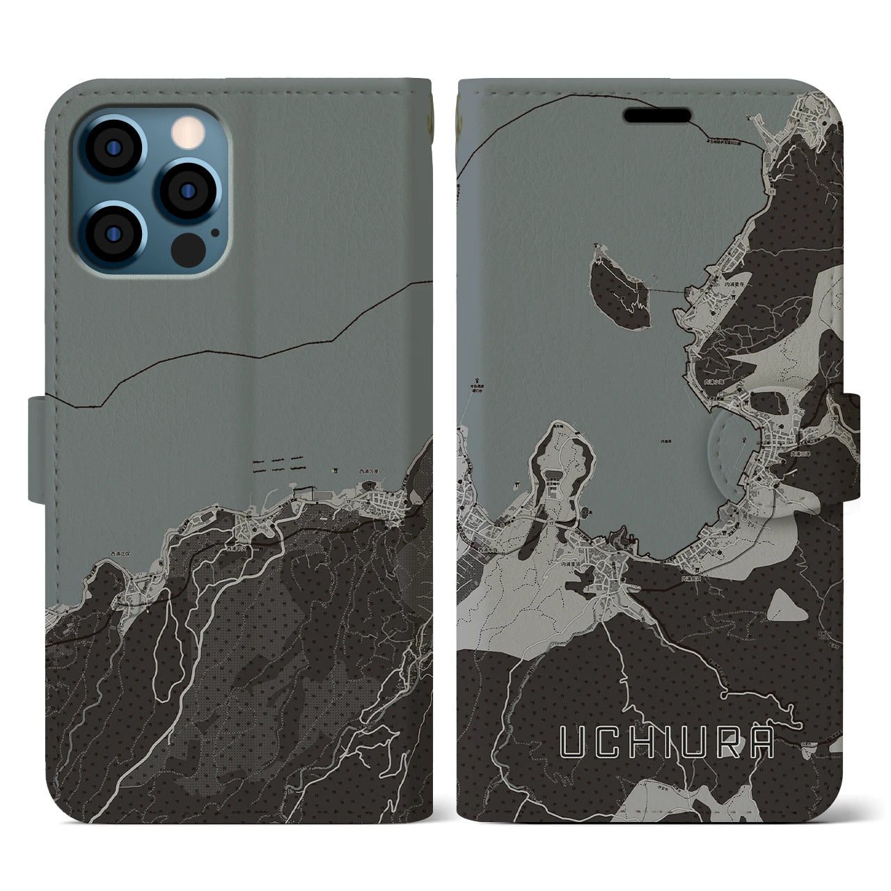 【内浦(静岡県)】地図柄iPhoneケース(手帳タイプ)モノトーン・iPhone 12 / 12 Pro 用