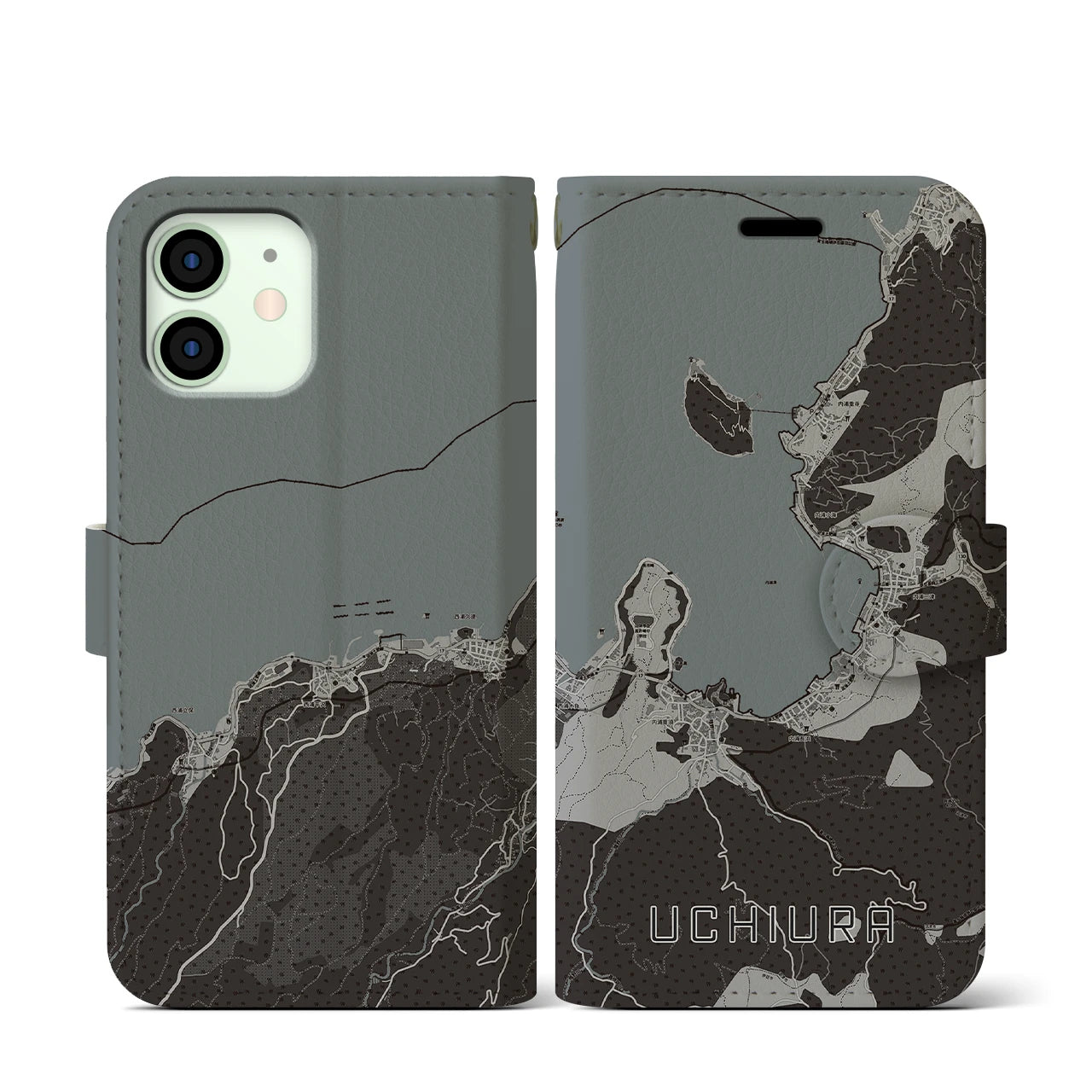 【内浦(静岡県)】地図柄iPhoneケース(手帳タイプ)モノトーン・iPhone 12 mini 用