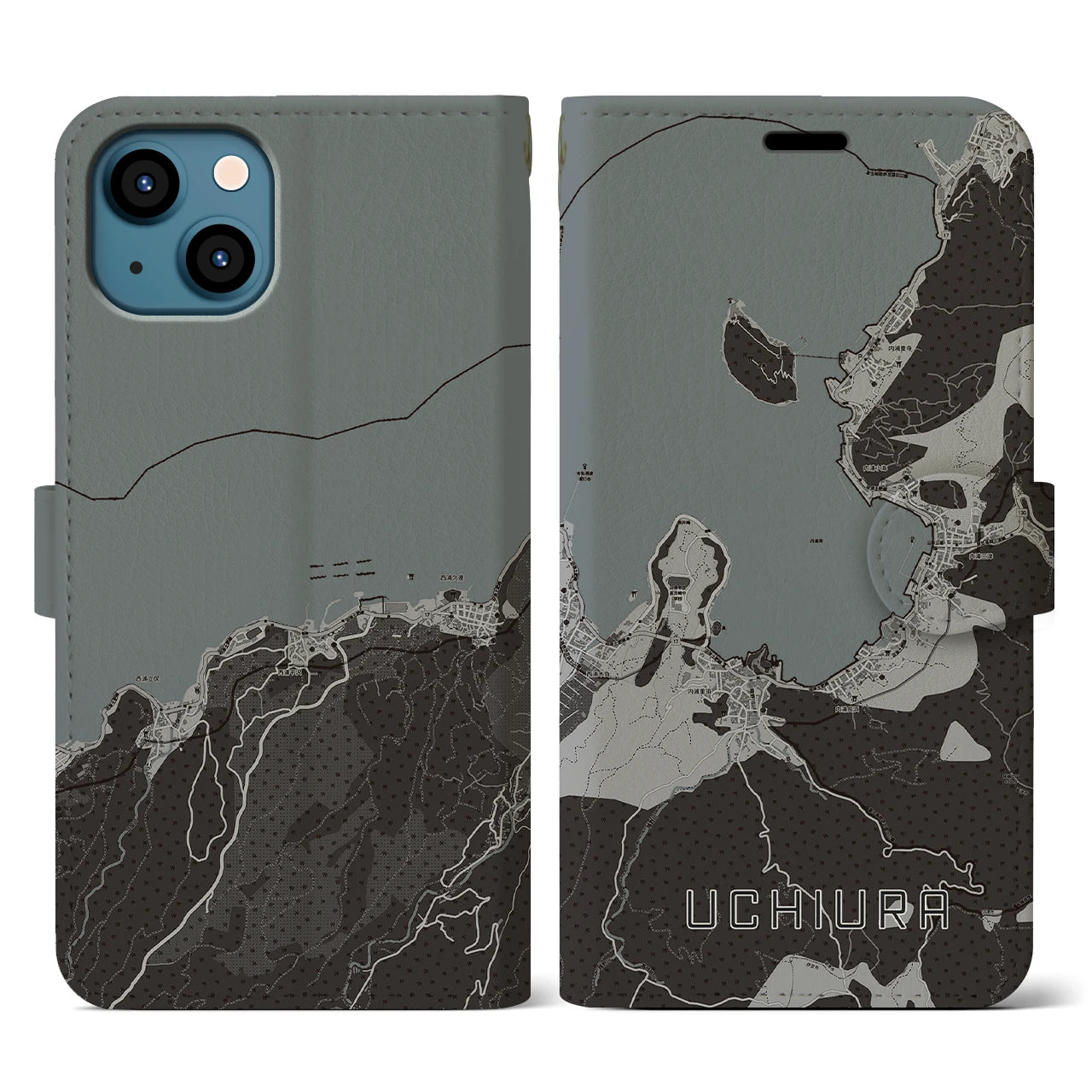 【内浦(静岡県)】地図柄iPhoneケース(手帳タイプ)モノトーン・iPhone 13 用