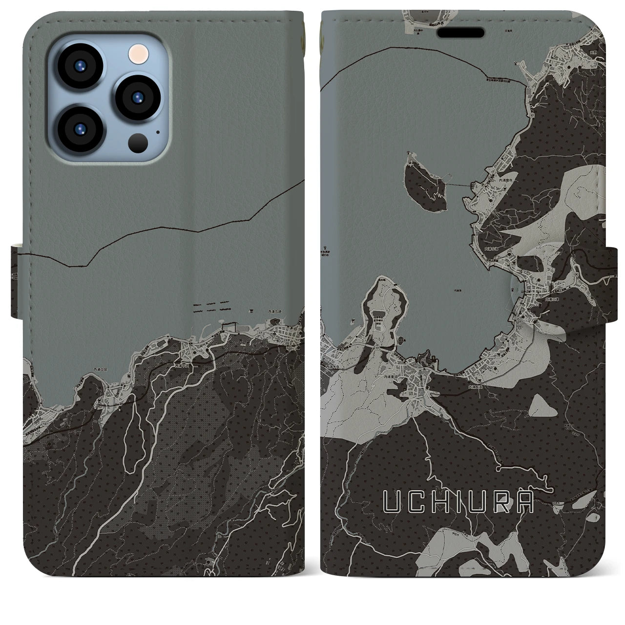 【内浦(静岡県)】地図柄iPhoneケース(手帳タイプ)モノトーン・iPhone 13 Pro Max 用