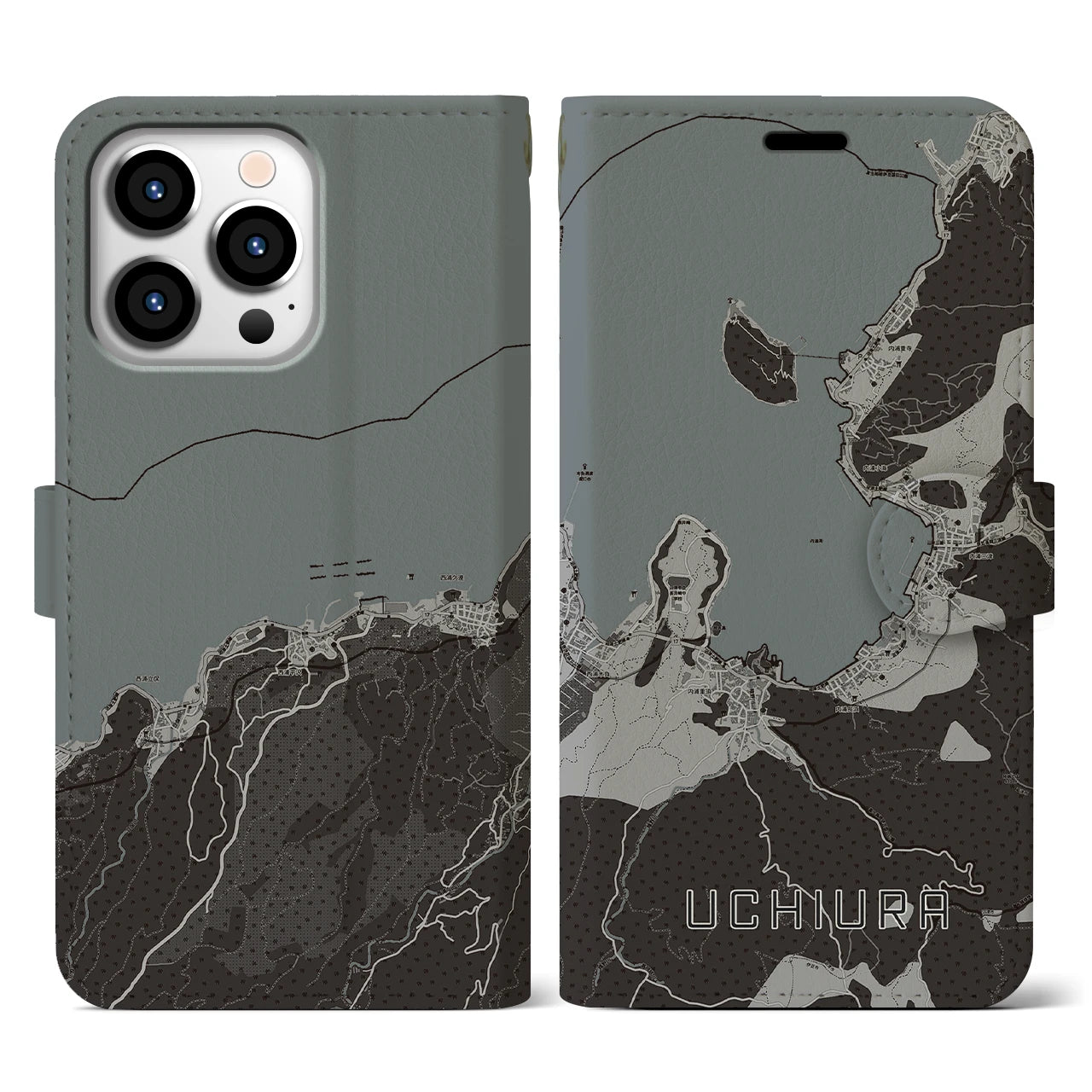 【内浦(静岡県)】地図柄iPhoneケース(手帳タイプ)モノトーン・iPhone 13 Pro 用