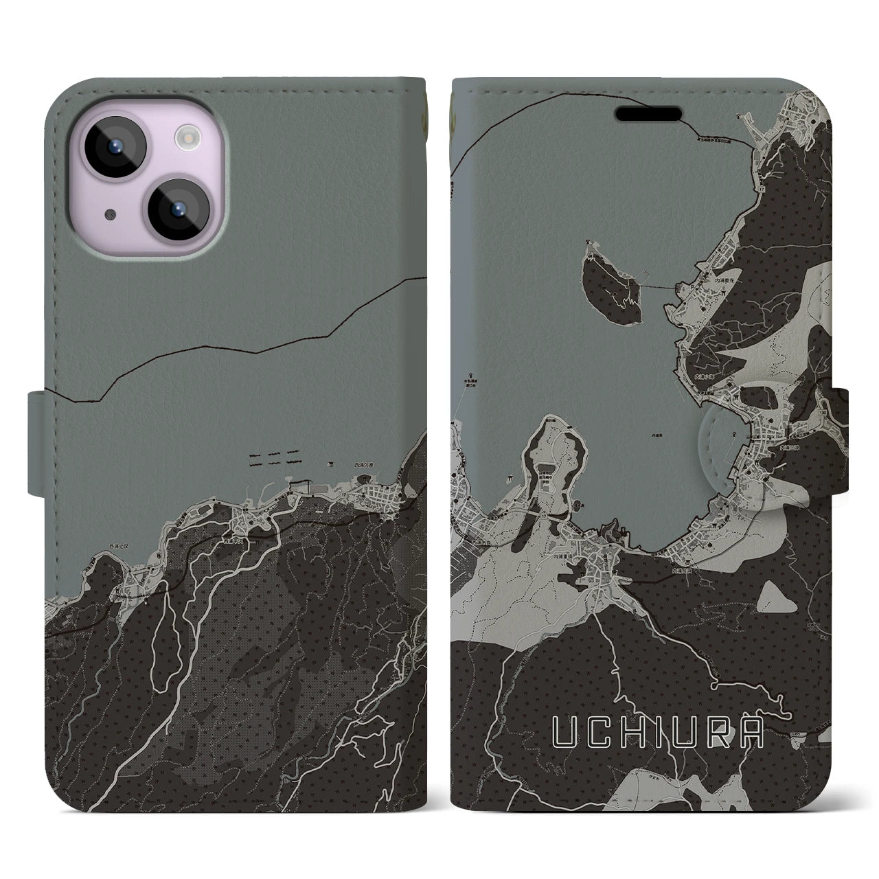 【内浦(静岡県)】地図柄iPhoneケース(手帳タイプ)モノトーン・iPhone 14 用
