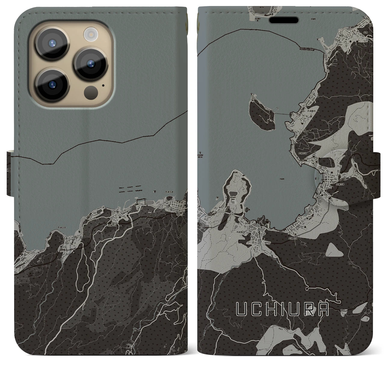 【内浦(静岡県)】地図柄iPhoneケース(手帳タイプ)モノトーン・iPhone 14 Pro Max 用