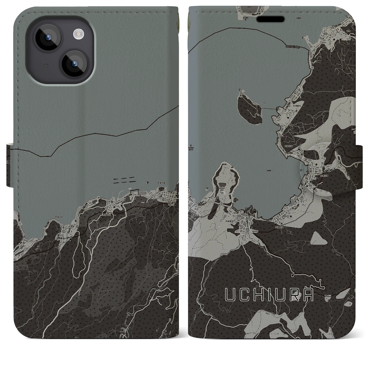 【内浦(静岡県)】地図柄iPhoneケース(手帳タイプ)モノトーン・iPhone 14 Plus 用