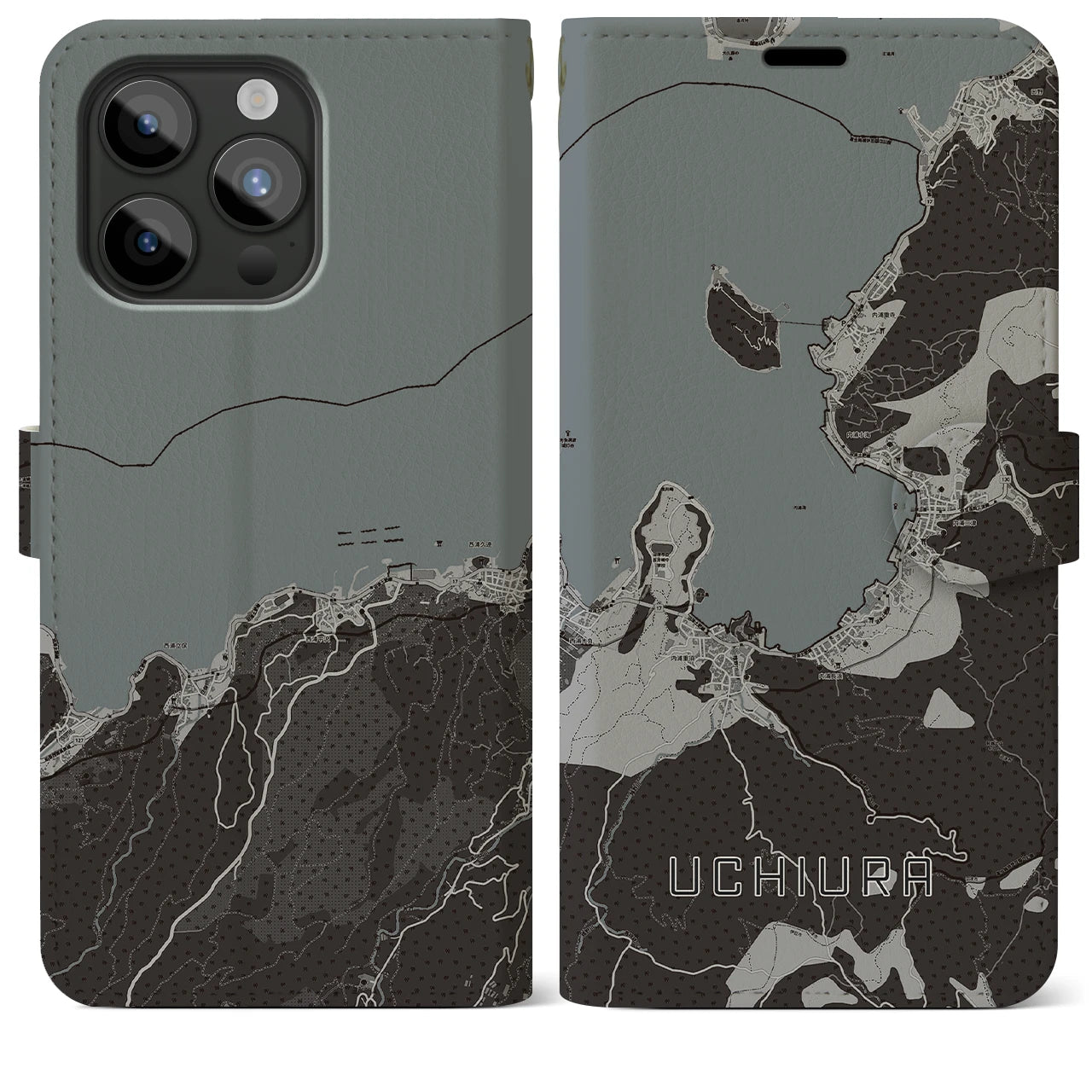 【内浦(静岡県)】地図柄iPhoneケース(手帳タイプ)モノトーン・iPhone 15 Pro Max 用