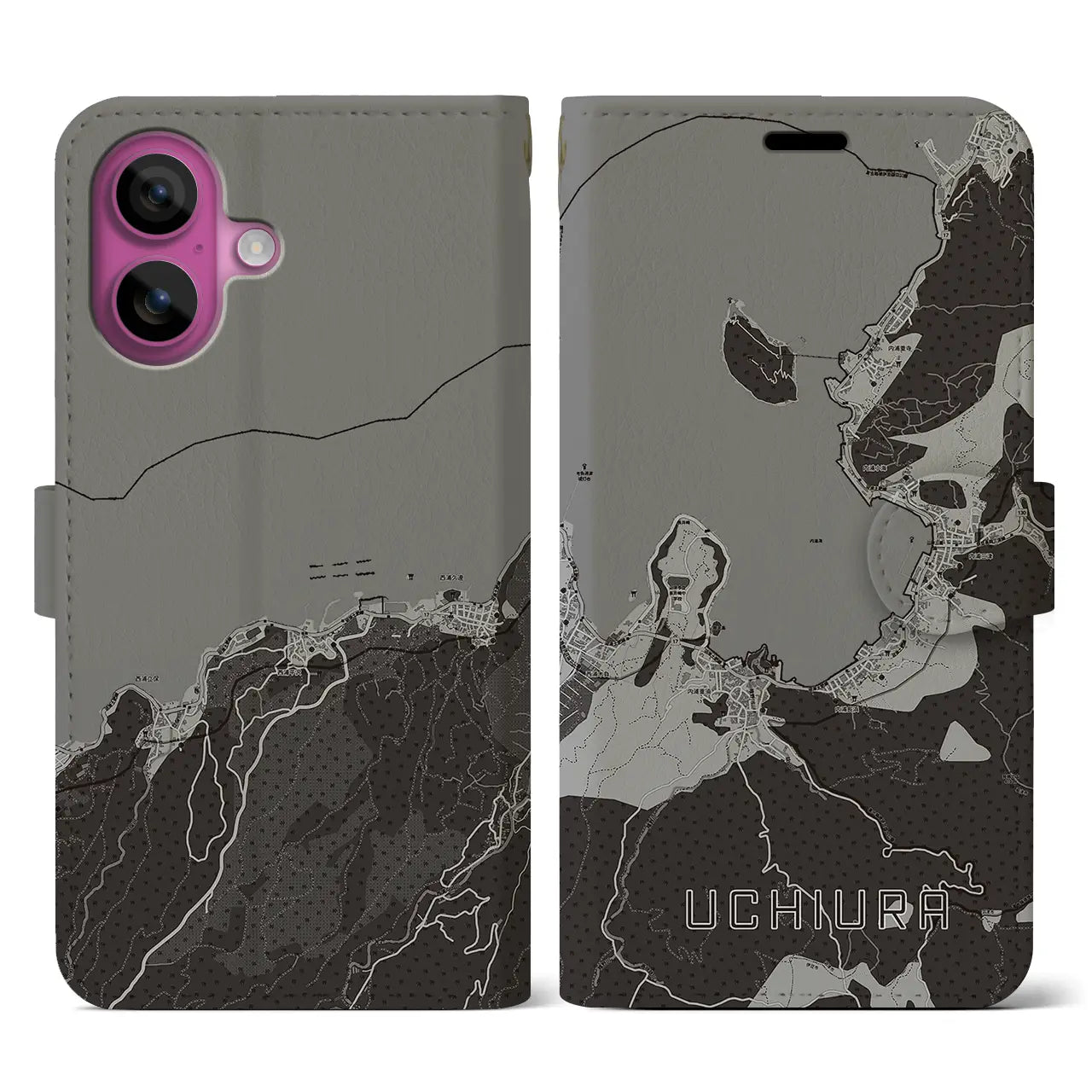 【内浦(静岡県)】地図柄iPhoneケース(手帳タイプ)モノトーン・iPhone 16 Pro 用