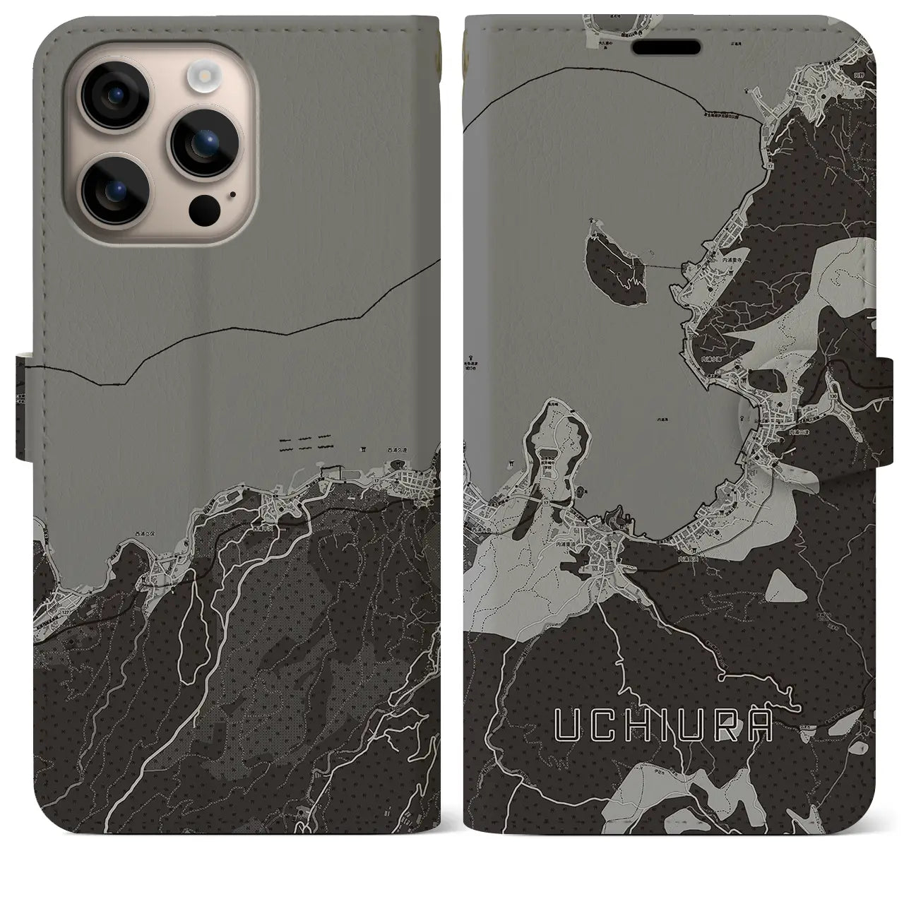 【内浦(静岡県)】地図柄iPhoneケース(手帳タイプ)モノトーン・iPhone 16 Plus 用