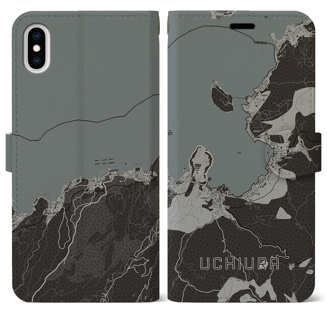 【内浦(静岡県)】地図柄iPhoneケース(手帳タイプ)モノトーン・iPhone XS Max 用