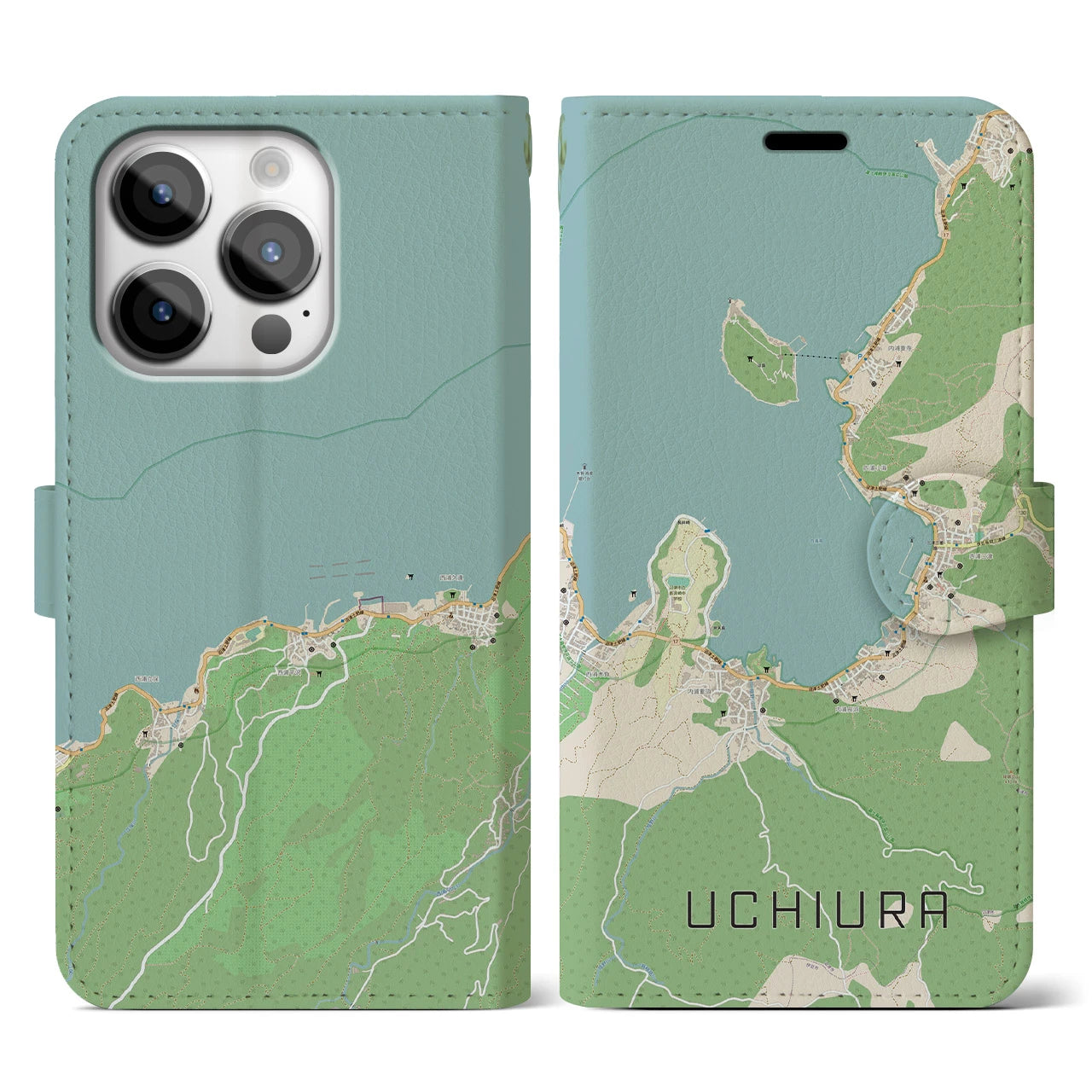 【内浦(静岡県)】地図柄iPhoneケース(手帳タイプ)ナチュラル・iPhone 14 Pro 用