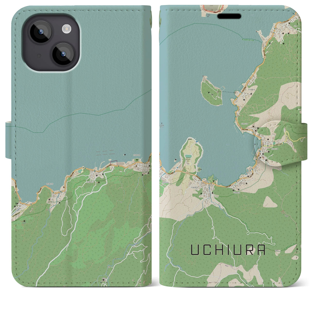 【内浦(静岡県)】地図柄iPhoneケース(手帳タイプ)ナチュラル・iPhone 14 Plus 用