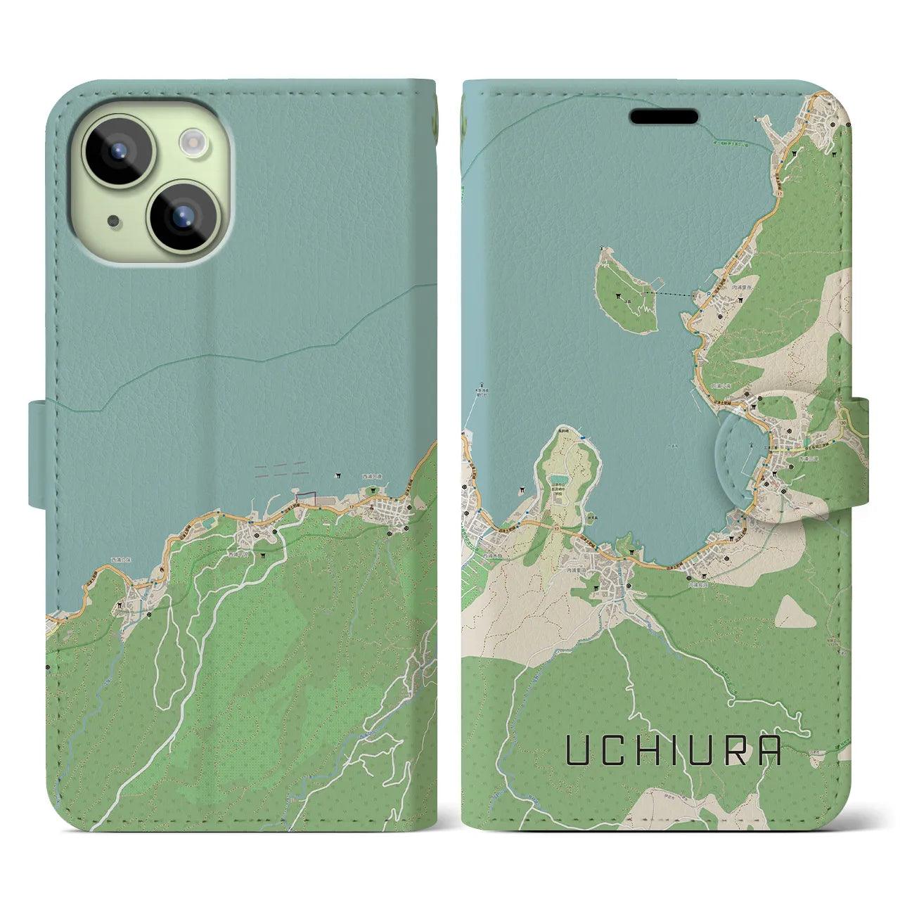 【内浦(静岡県)】地図柄iPhoneケース(手帳タイプ)ナチュラル・iPhone 15 用