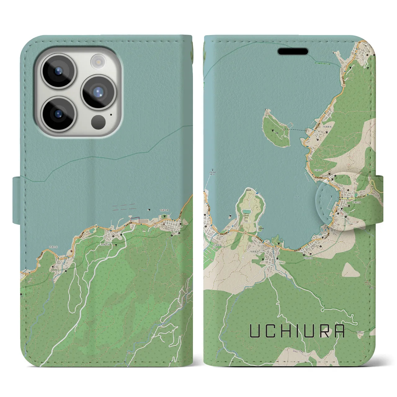【内浦(静岡県)】地図柄iPhoneケース(手帳タイプ)ナチュラル・iPhone 15 Pro 用