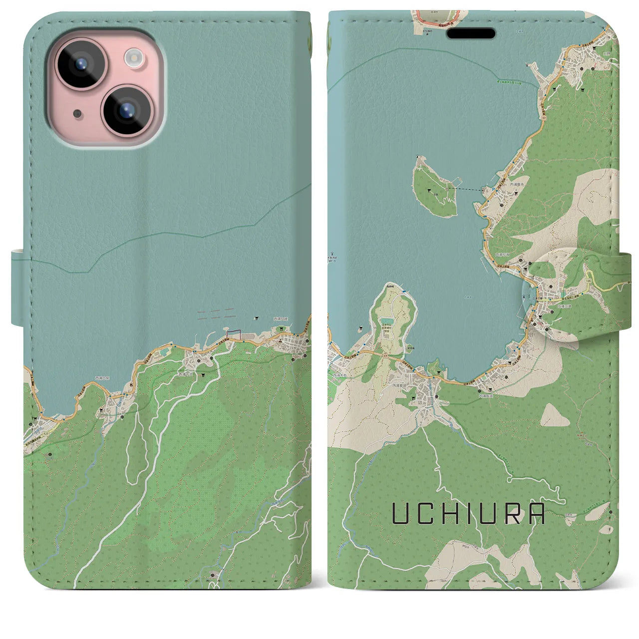 【内浦(静岡県)】地図柄iPhoneケース(手帳タイプ)ナチュラル・iPhone 15 Plus 用