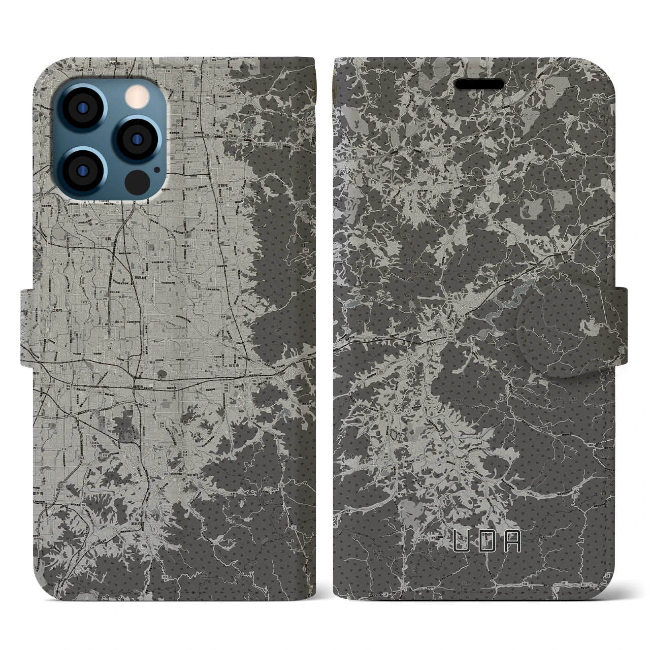 【宇陀(奈良県)】地図柄iPhoneケース(手帳タイプ)モノトーン・iPhone 12 / 12 Pro 用
