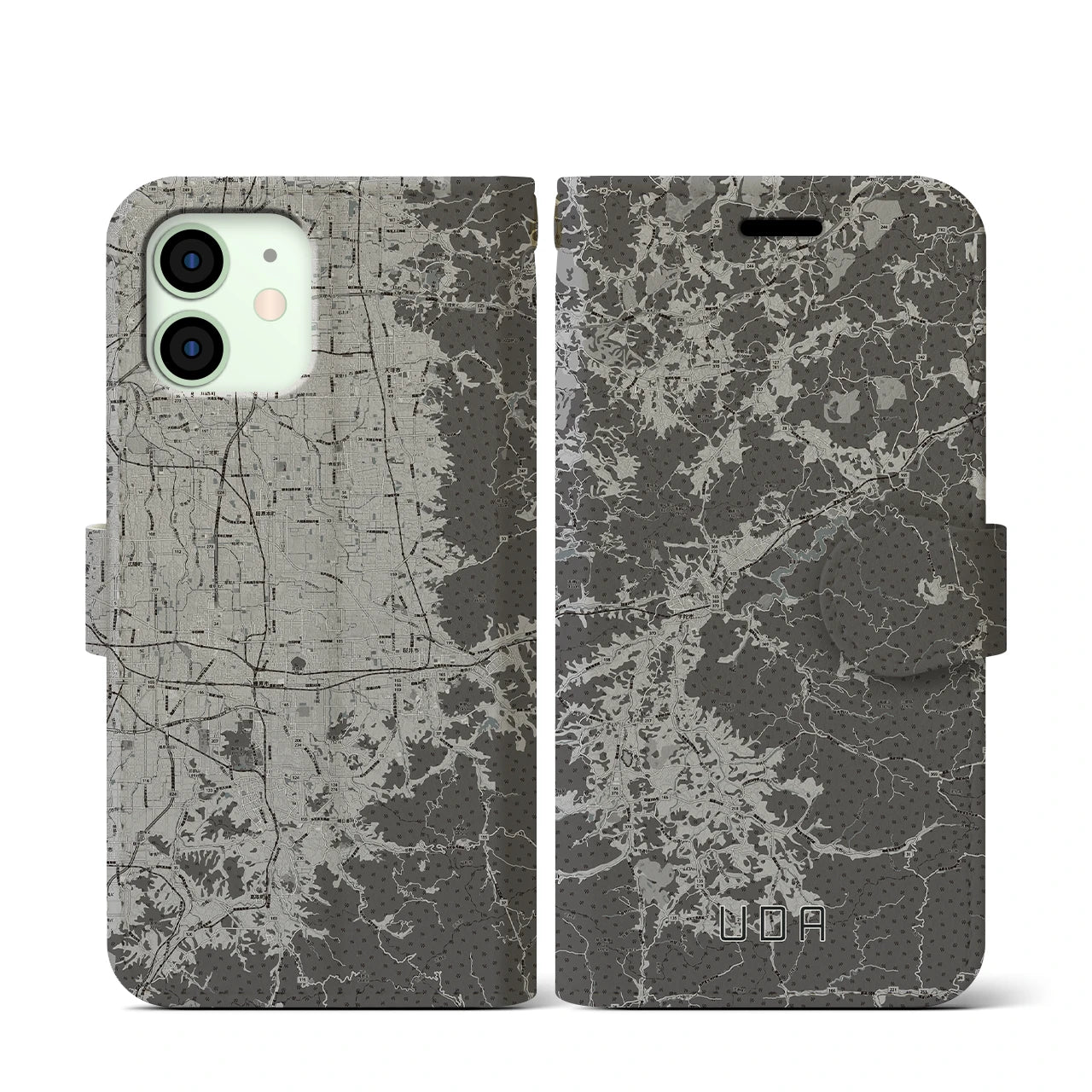 【宇陀(奈良県)】地図柄iPhoneケース(手帳タイプ)モノトーン・iPhone 12 mini 用