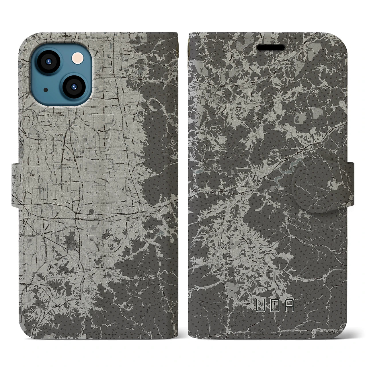 【宇陀(奈良県)】地図柄iPhoneケース(手帳タイプ)モノトーン・iPhone 13 用