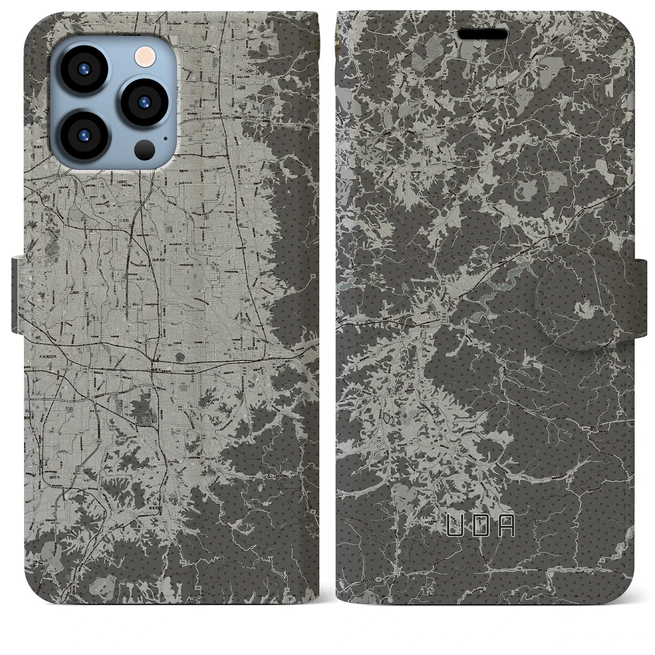 【宇陀(奈良県)】地図柄iPhoneケース(手帳タイプ)モノトーン・iPhone 13 Pro Max 用