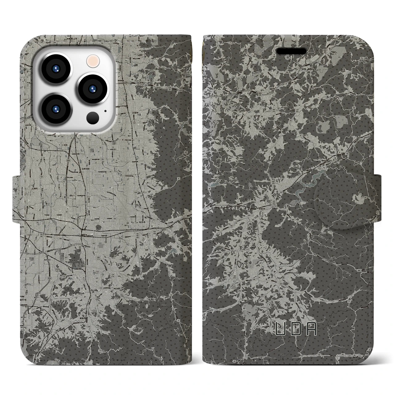 【宇陀(奈良県)】地図柄iPhoneケース(手帳タイプ)モノトーン・iPhone 13 Pro 用