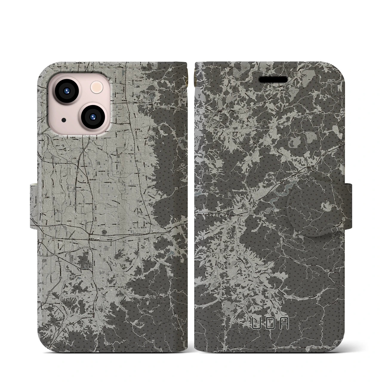 【宇陀(奈良県)】地図柄iPhoneケース(手帳タイプ)モノトーン・iPhone 13 mini 用