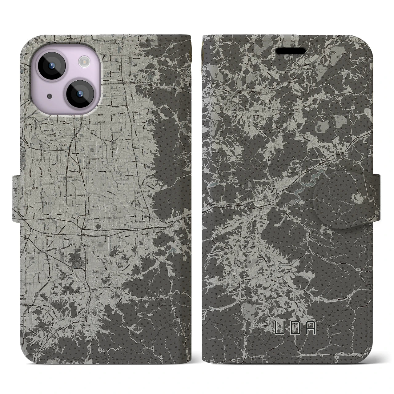 【宇陀(奈良県)】地図柄iPhoneケース(手帳タイプ)モノトーン・iPhone 14 用