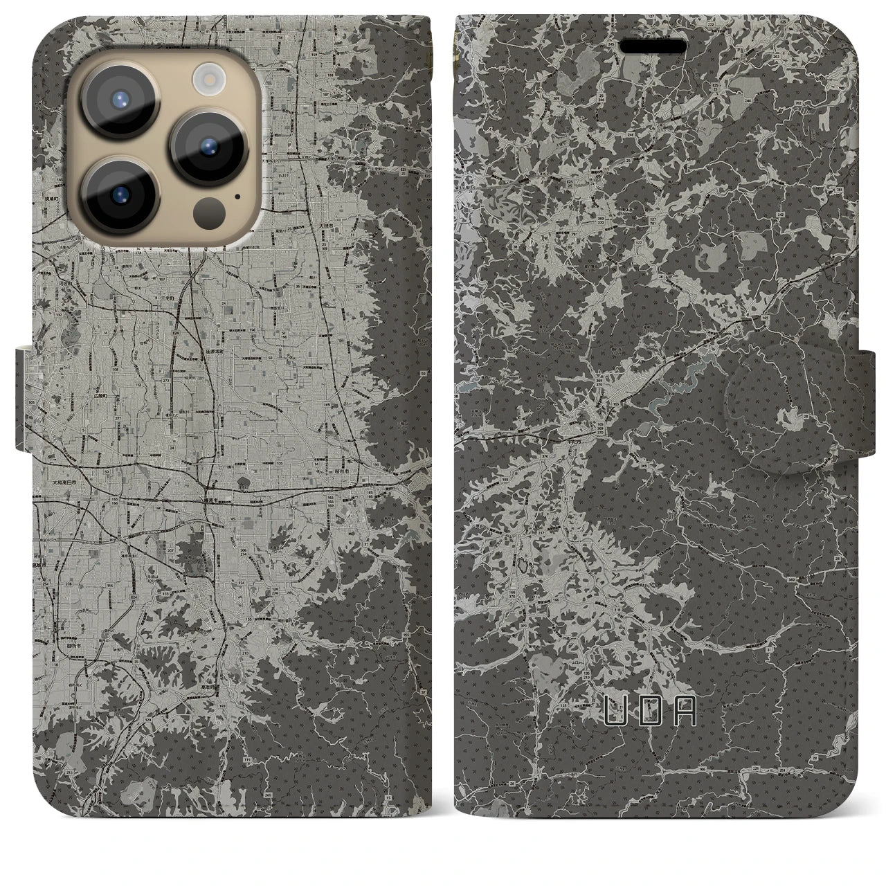【宇陀(奈良県)】地図柄iPhoneケース(手帳タイプ)モノトーン・iPhone 14 Pro Max 用