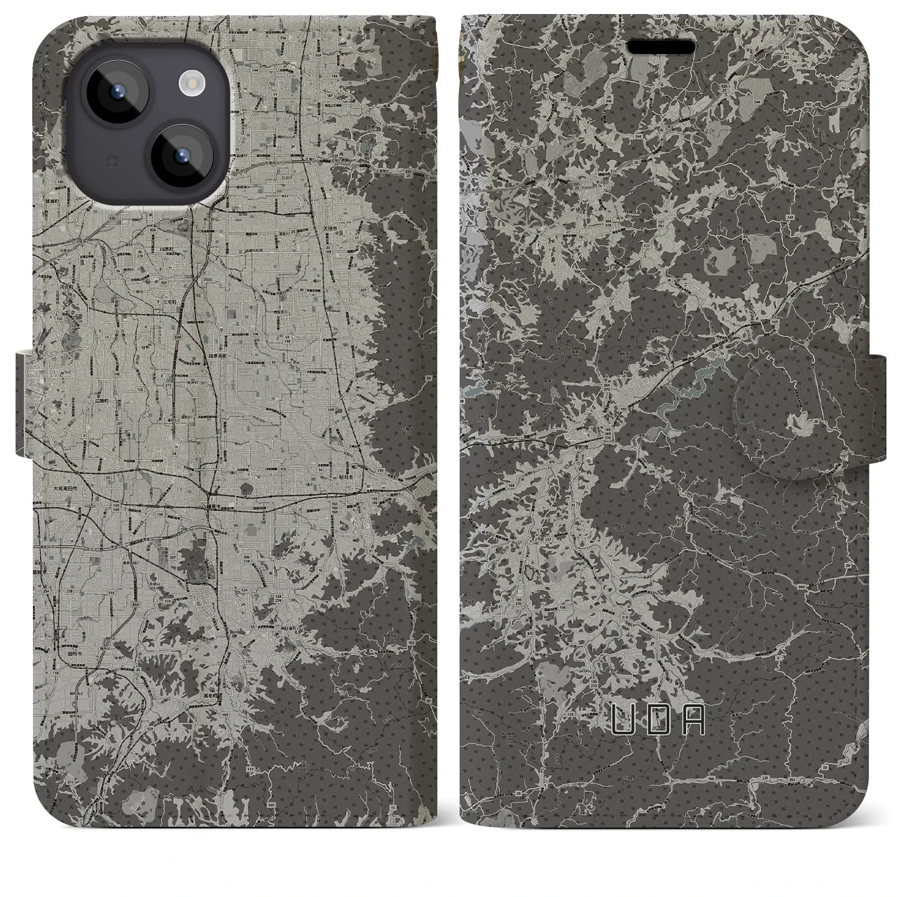 【宇陀(奈良県)】地図柄iPhoneケース(手帳タイプ)モノトーン・iPhone 14 Plus 用