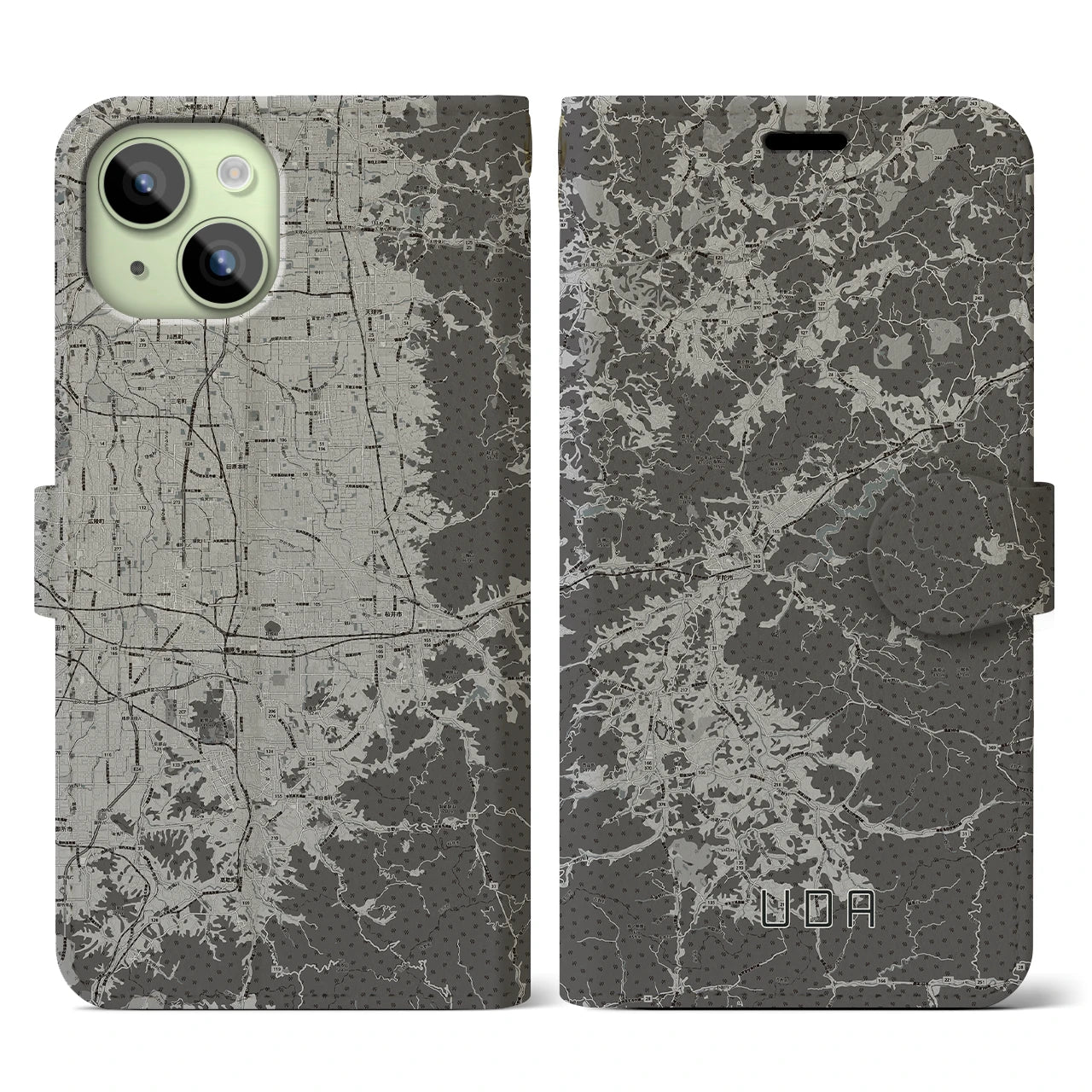 【宇陀(奈良県)】地図柄iPhoneケース(手帳タイプ)モノトーン・iPhone 15 用
