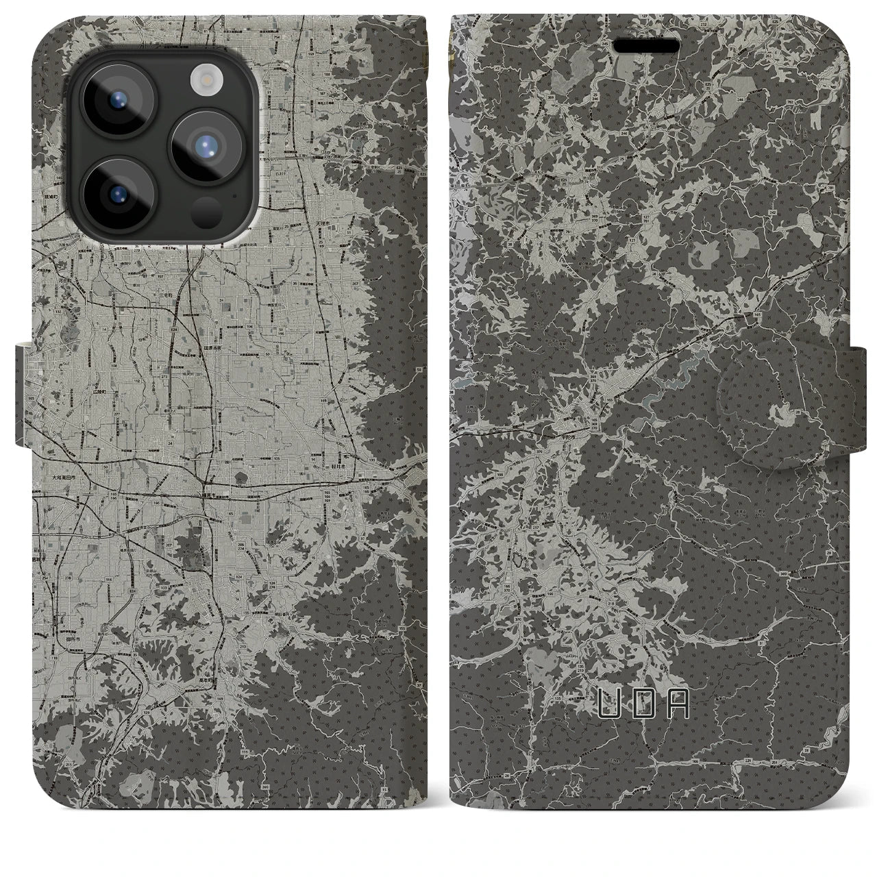 【宇陀(奈良県)】地図柄iPhoneケース(手帳タイプ)モノトーン・iPhone 15 Pro Max 用