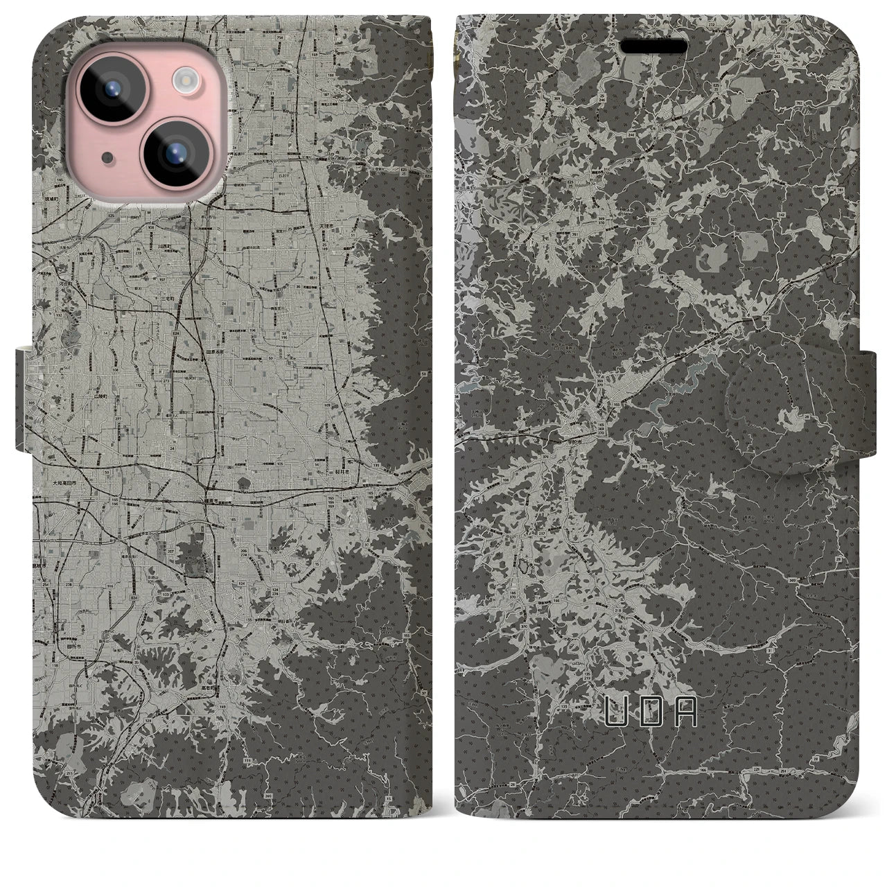 【宇陀(奈良県)】地図柄iPhoneケース(手帳タイプ)モノトーン・iPhone 15 Plus 用