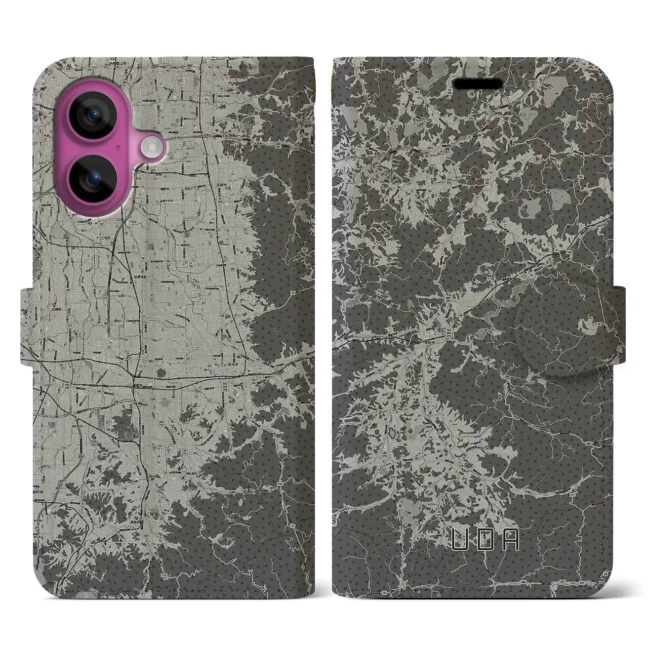 【宇陀(奈良県)】地図柄iPhoneケース(手帳タイプ)モノトーン・iPhone 16 Pro 用