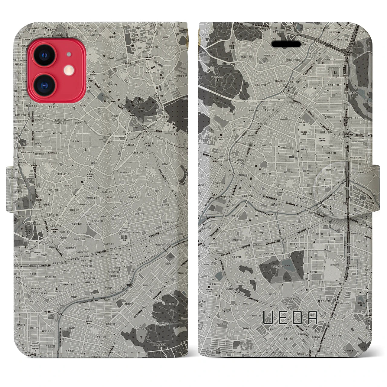 【植田(愛知県)】地図柄iPhoneケース(手帳タイプ)モノトーン・iPhone 11 用