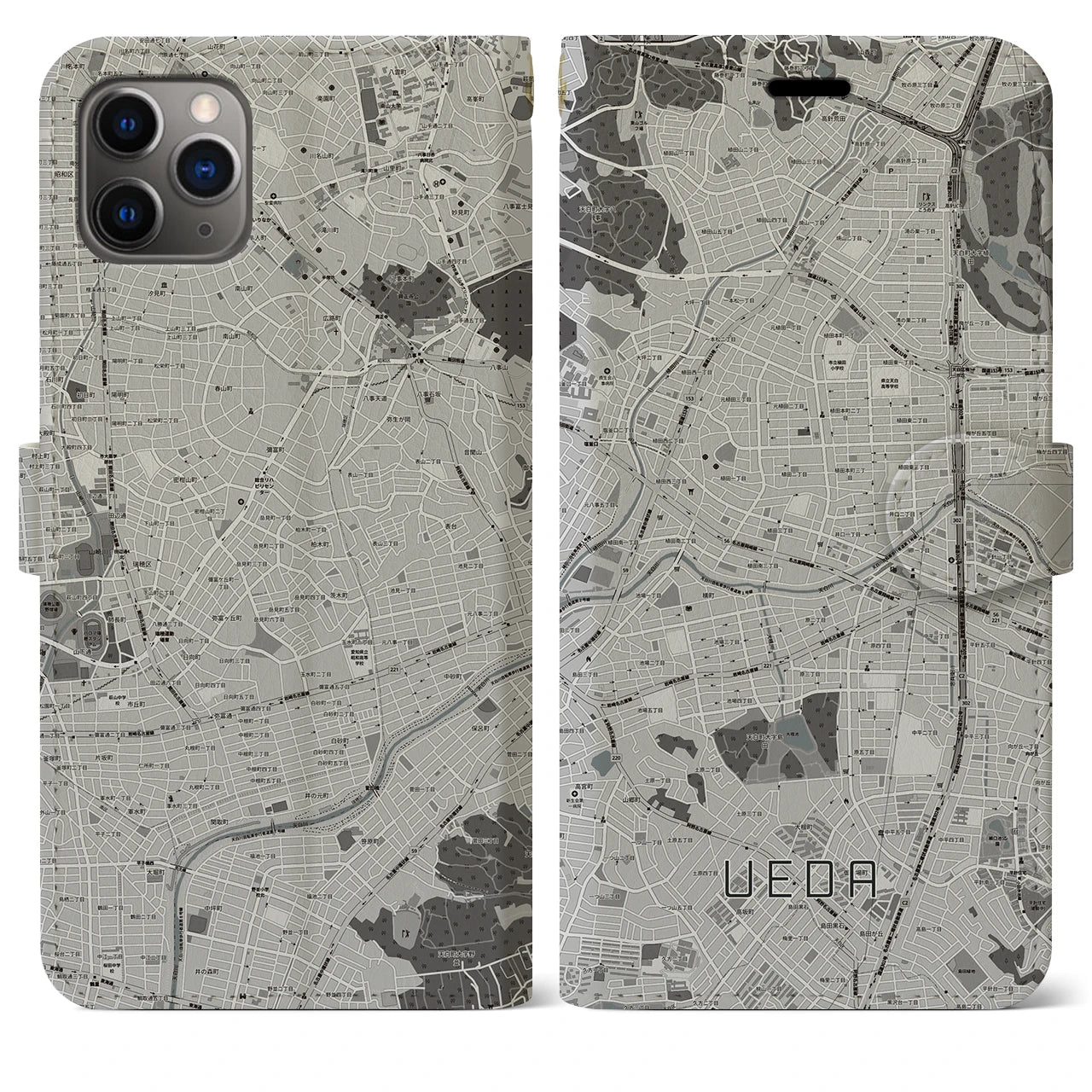 【植田(愛知県)】地図柄iPhoneケース(手帳タイプ)モノトーン・iPhone 11 Pro Max 用