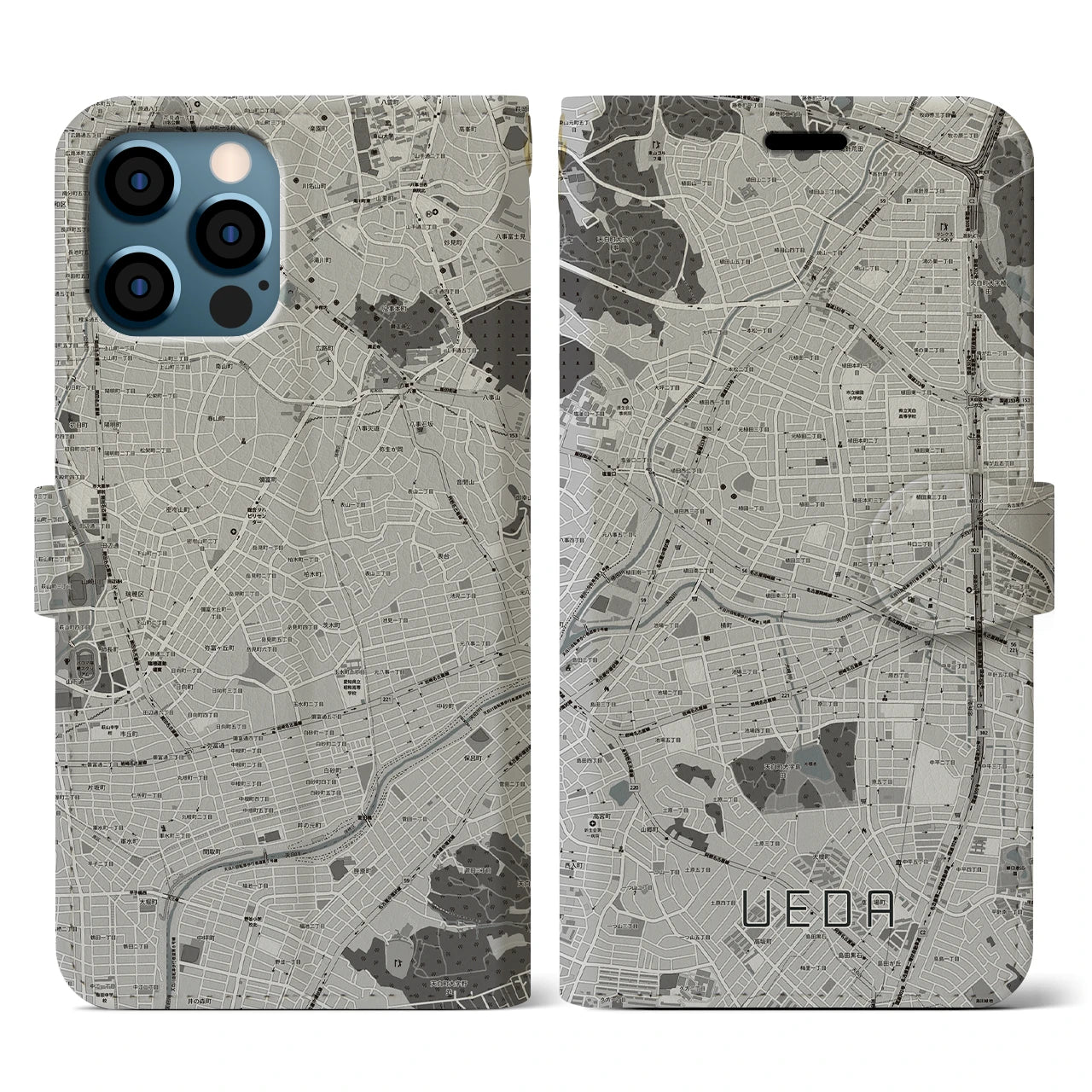 【植田(愛知県)】地図柄iPhoneケース(手帳タイプ)モノトーン・iPhone 12 / 12 Pro 用
