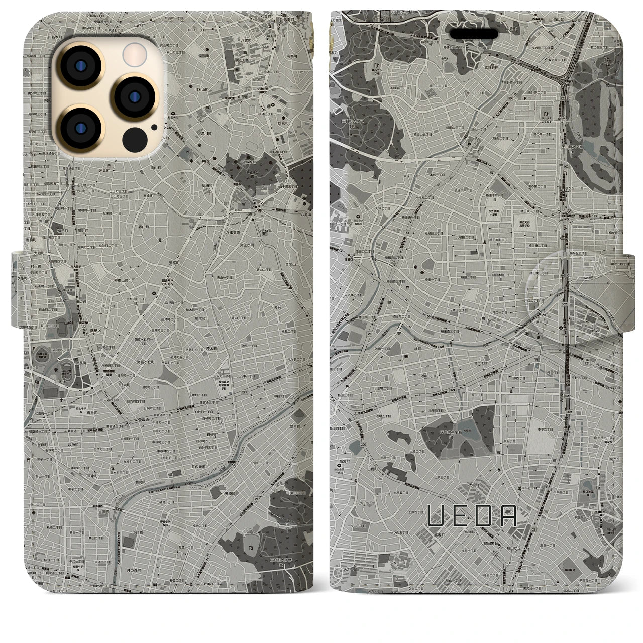 【植田(愛知県)】地図柄iPhoneケース(手帳タイプ)モノトーン・iPhone 12 Pro Max 用