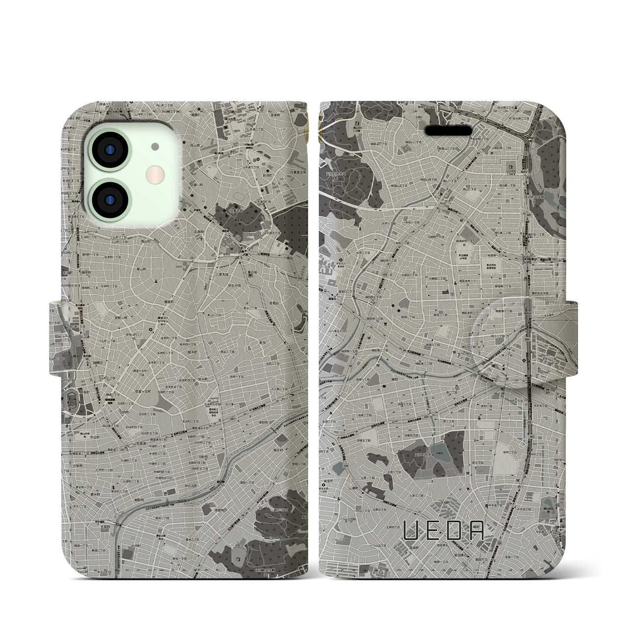 【植田(愛知県)】地図柄iPhoneケース(手帳タイプ)モノトーン・iPhone 12 mini 用