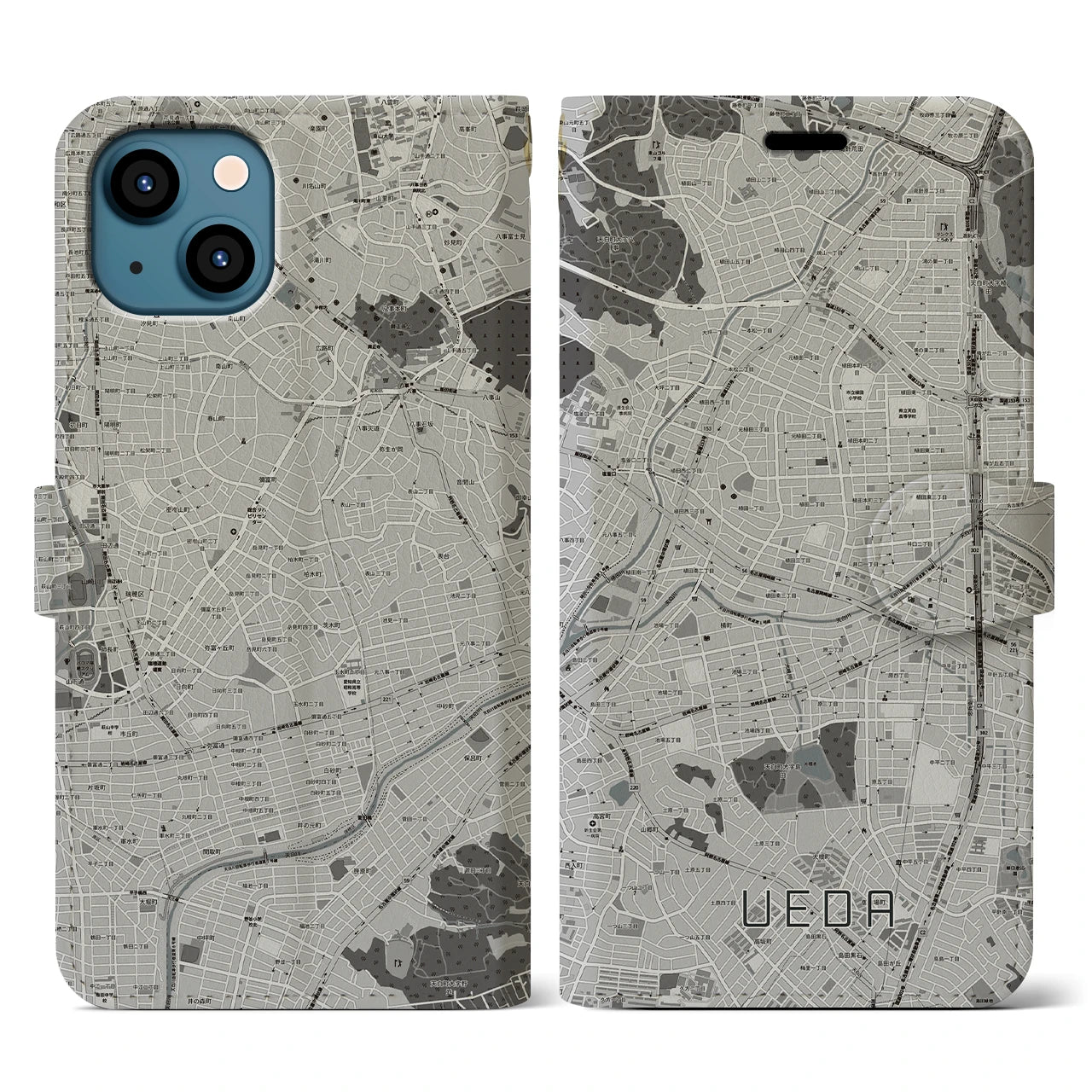 【植田(愛知県)】地図柄iPhoneケース(手帳タイプ)モノトーン・iPhone 13 用