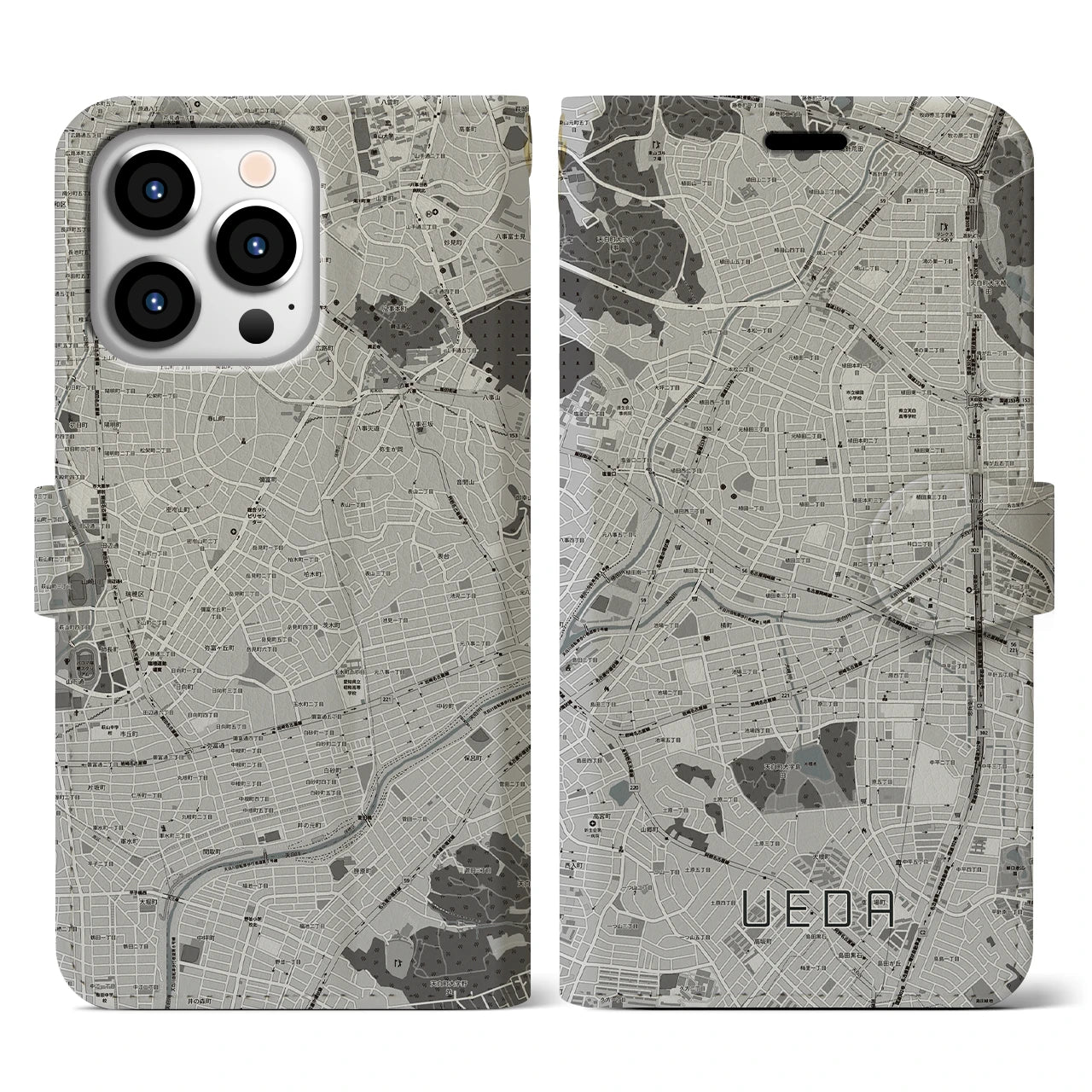 【植田(愛知県)】地図柄iPhoneケース(手帳タイプ)モノトーン・iPhone 13 Pro 用