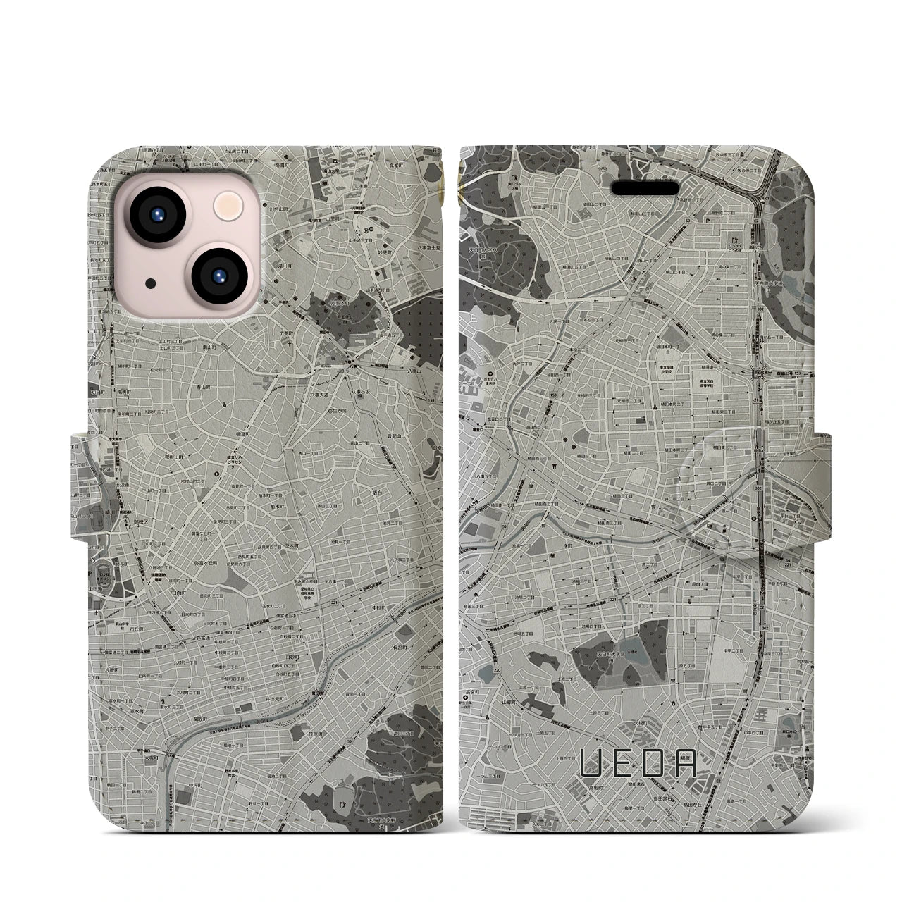 【植田(愛知県)】地図柄iPhoneケース(手帳タイプ)モノトーン・iPhone 13 mini 用