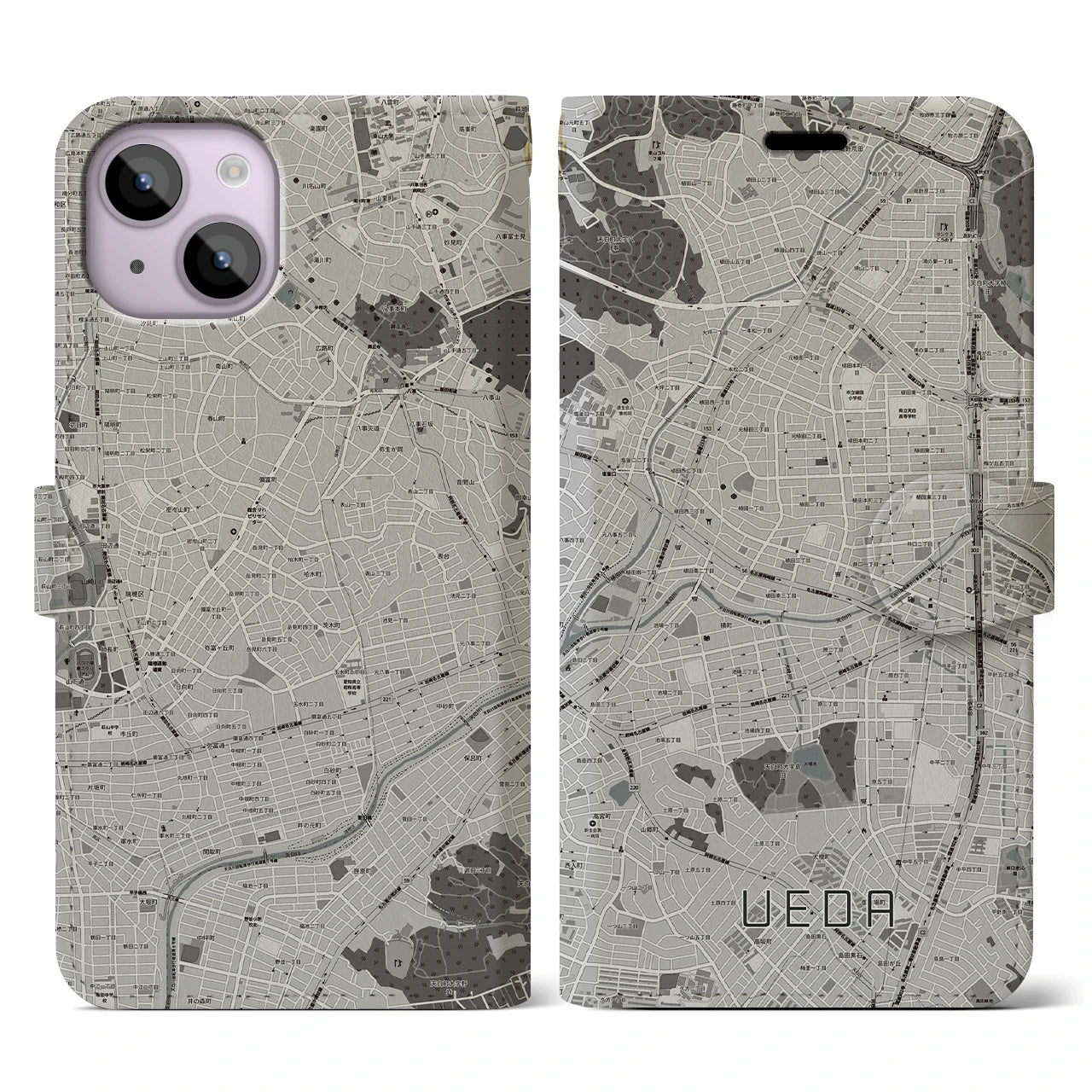 【植田(愛知県)】地図柄iPhoneケース(手帳タイプ)モノトーン・iPhone 14 用
