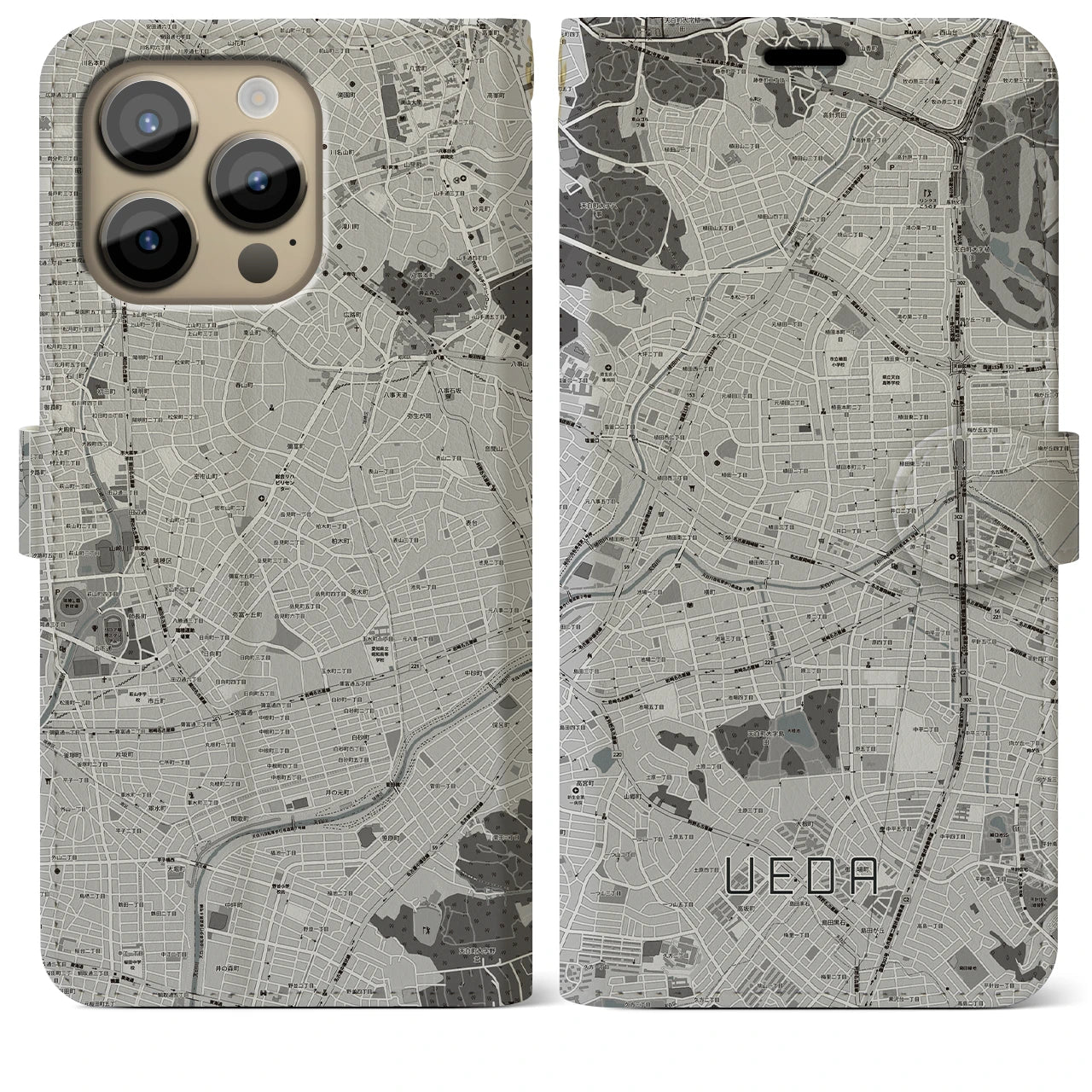 【植田(愛知県)】地図柄iPhoneケース(手帳タイプ)モノトーン・iPhone 14 Pro Max 用
